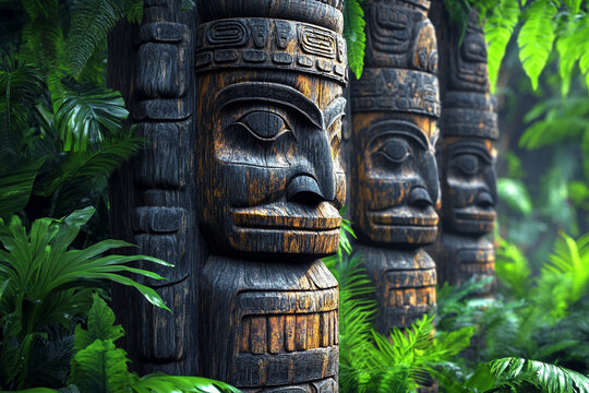 Traditional Asmat carvings on wooden totem pole