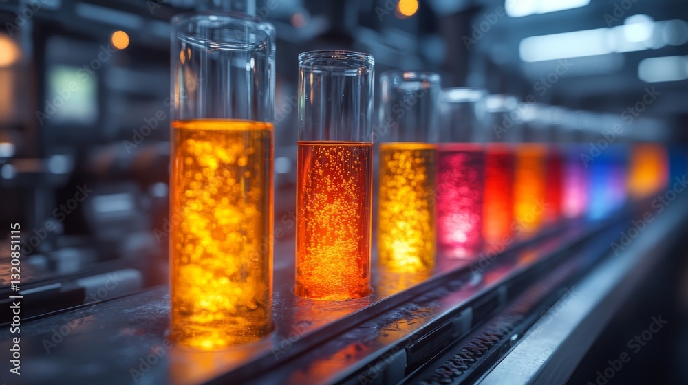 Leinwandbilder Workers in a high-tech petrochemical refinery conduct chemical synthesis, with test tubes of bright colored liquids lined up. Advanced automation ensures efficient processing.