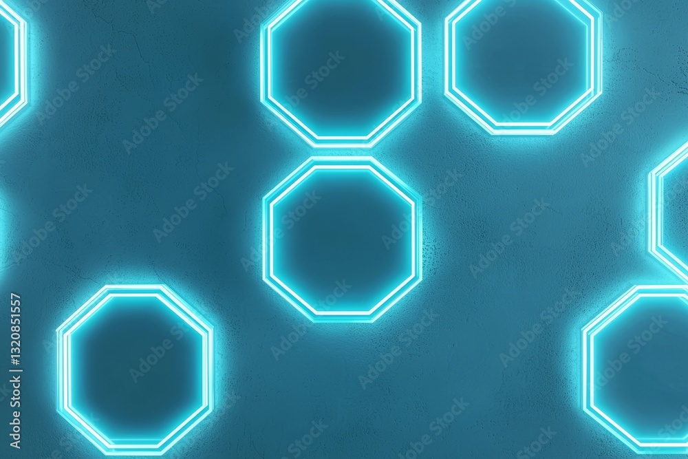 Poster futuristic surface with a hexagon pattern and abstract blue color scheme, complete with light rays, 