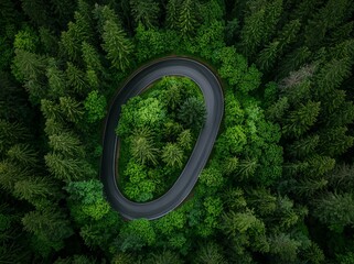 From high above, a drone's aerial view showcases a forest topped with a serpentine road, surrounded by lush greenery