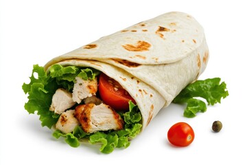 Frischer H&auml;hnchen-Wrap mit Salat und Tomaten, isoliert auf wei&szlig;em Hintergrund
Fresh chicken wrap with lettuce and tomatoes, isolated on white background
