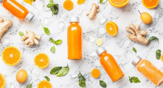 A top view flat-lay of bottles containing turmeric, ginger, and citrus juice shots on a marble background, representing a natural vitamin drink that boosts immunity and defends against viruses,