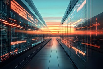 Futuristic data center corridor at sunset, showcasing vibrant lights and digital interfaces