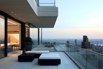 Fototapeta premium Minimalist terrace with cantilevered edges, modular furniture, and panoramic glass railings for wide-open views.