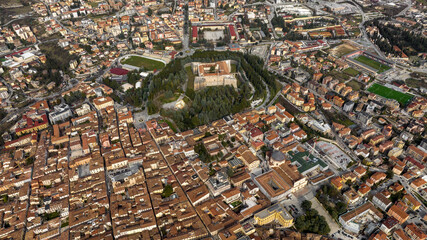 Fototapeta premium Aerial view of the Spanish Fort of L'Aquila, Abruzzo, central Italy. The Spanish Fort is a medieval and quadrangular castle.