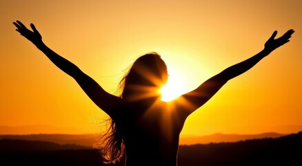 Fototapeta premium A beautiful young girl set against a vibrant sunset represents the idea of freedom and healthy living