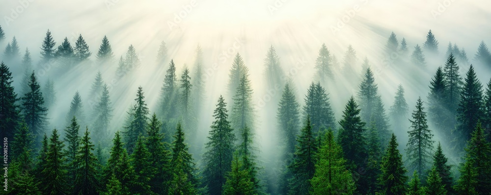 Poster Aerial landscape abstract background idea. A serene forest landscape with mist and sunlight creating a tranquil atmosphere.