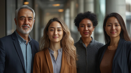 Obraz premium Diverse Multiracial Team in Office, Smiling Confident Individuals, Symbolizing Positivity and Unity