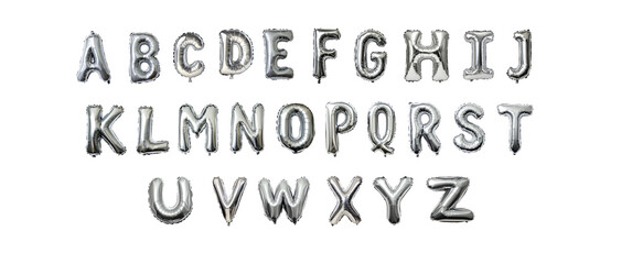 A to Z in Silver Inflatable Style set Against a Transparent Background. clipping path. png.
