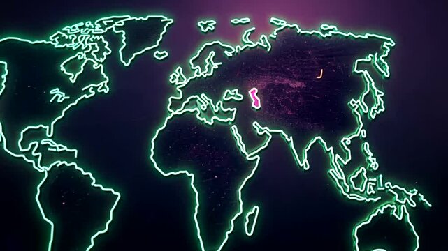 Global map highlighting Kazakhstan, city lights at night