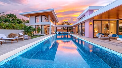 Obraz premium Luxury Villa Sunset Poolside Relaxation - Luxury Real Estate