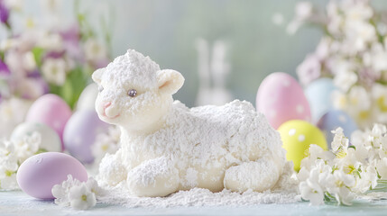 A traditional Easter lamb made of soft dough, covered in powdered sugar, with a backdrop of pastel Easter eggs and springtime flowers, capturing the essence of a warm, family-oriented holiday celebrat