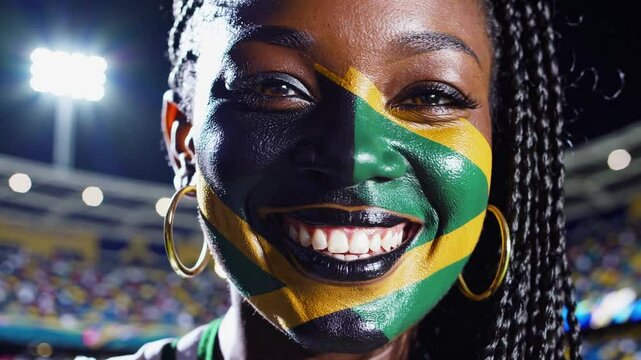 Smiling Jamaican woman with face painted in Jamaica national colors at a sports stadium, passionate football fan  
