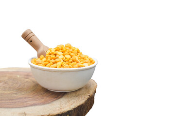 The pile of Gram pulses, Split Chickpeas, and Lentil Pulses. CHANA DAL OR SPLIT CHICKPEAS, Yellow split peas isolated on white background. Top view.