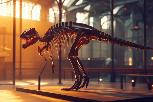A fossilized T-Rex skeleton on display in a natural history museum