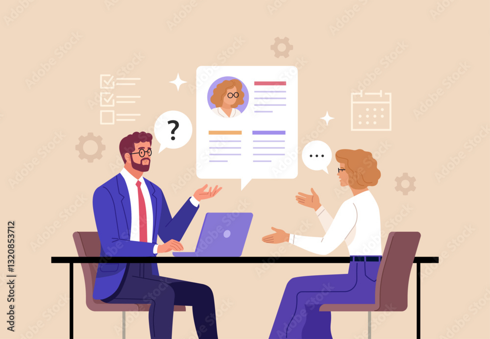 Poster business job interview concept. vector cartoon illustration of a man in suit asking questions and a 