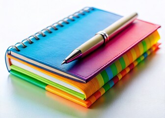 Colorful Notebook & Pen on Vibrant Background - Stock Photo