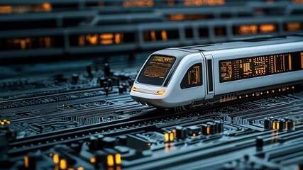 A white subway train with a digital display moving on a black circuit board, representing urban mobility, costs reducing, and smart urban services for safe travel
