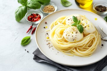 Spaghetti with Burrata Cheese and Fresh Basil on a Plate