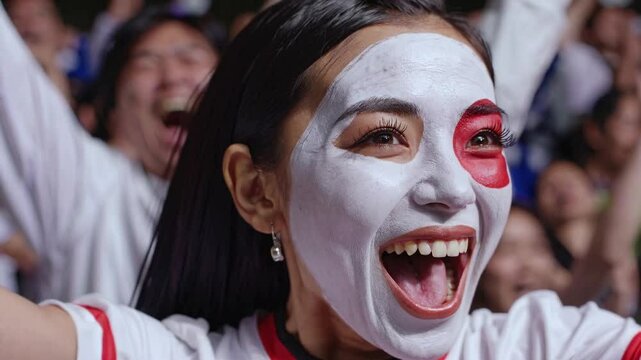 Excited Japanese woman with face painted in Japan national colors cheering at a sports stadium, passionate football fan  
