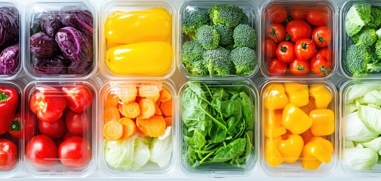 Minimalist fridge arrangement with fresh vegetables in transparent boxes, ideal for diet planning, meal prep, and a healthy lifestyle
