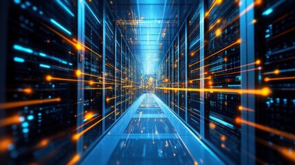 Futuristic Data Center Corridor High Tech Server Room with Illuminated Network Pathways