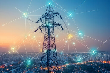 Intelligent grid with AI, depicted with a power tower and light connections at dusk.