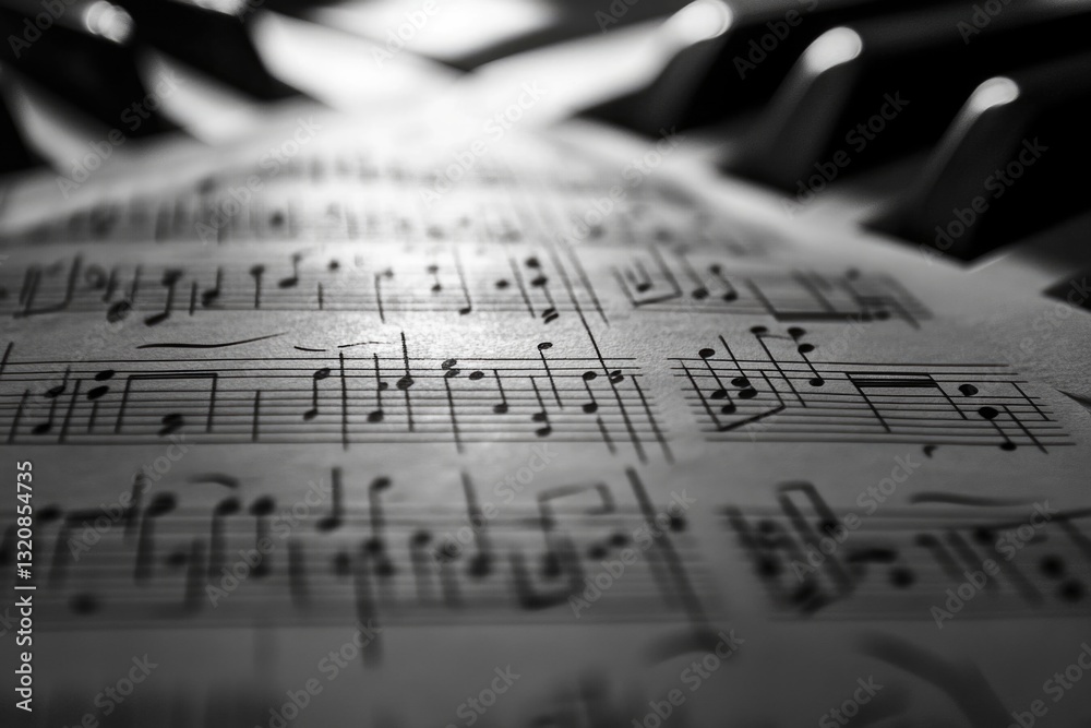 Poster A close-up view of sheet music on a piano, ideal for use in music-related projects or as a decorative element