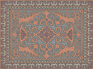 Traditional Central Asian carpet pattern with pastel colours and ram horns motifs