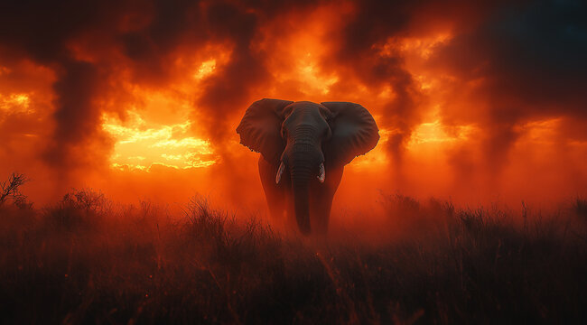 An elephant standing in the grassland, with orange and red smoke covering its head 