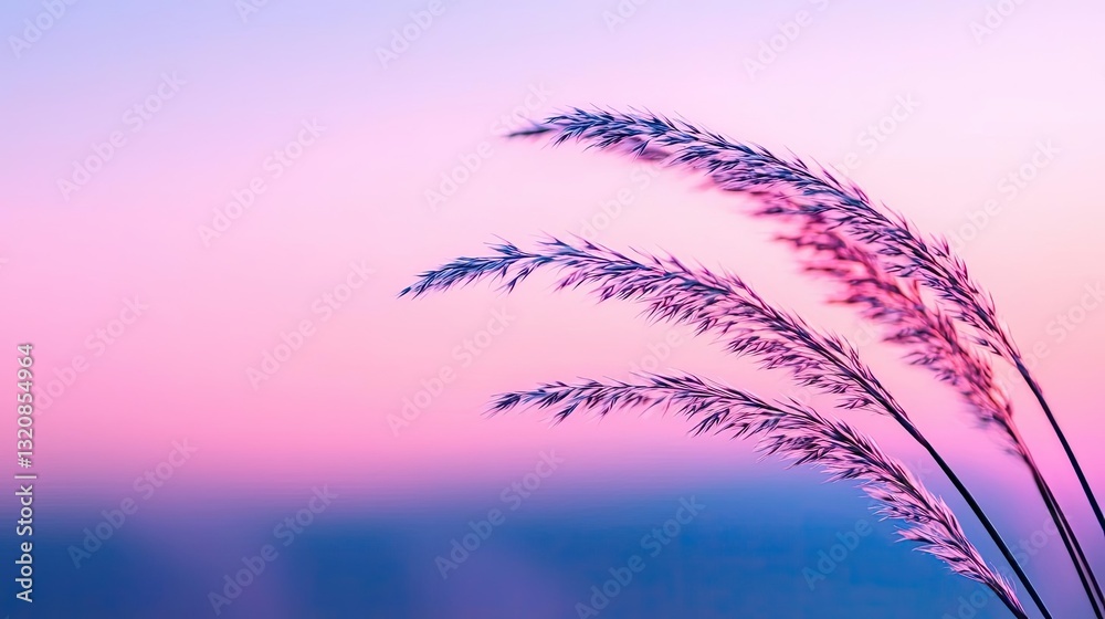 Poster abstract art background concept. soft grasses sway gently against a beautiful pastel sky at sunset, 