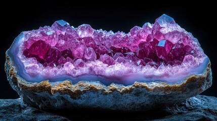 Intricate cluster of vibrant pink crystals within a geode