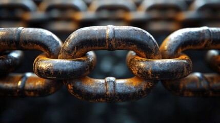 Rusty steel chain links are prominently displayed, highlighting their strength and wear. The background features a blurred factory environment, emphasizing manufacturing processes.