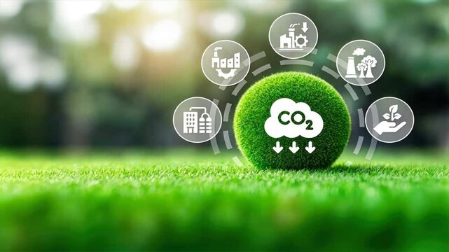 A green grass globe with a CO2 symbol and icons, symbolizing urban mobility, costs reducing, and environmental urban services for safe travel