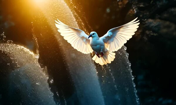 White Dove Flying With Waterfall Behind, With Light Illuminating From Above. Symbol of the Presence of the Holy Spirit
