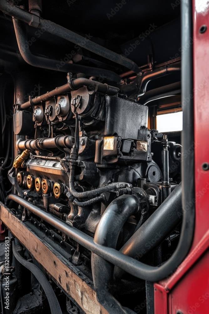 Poster Close up view of a train engine with intricate details