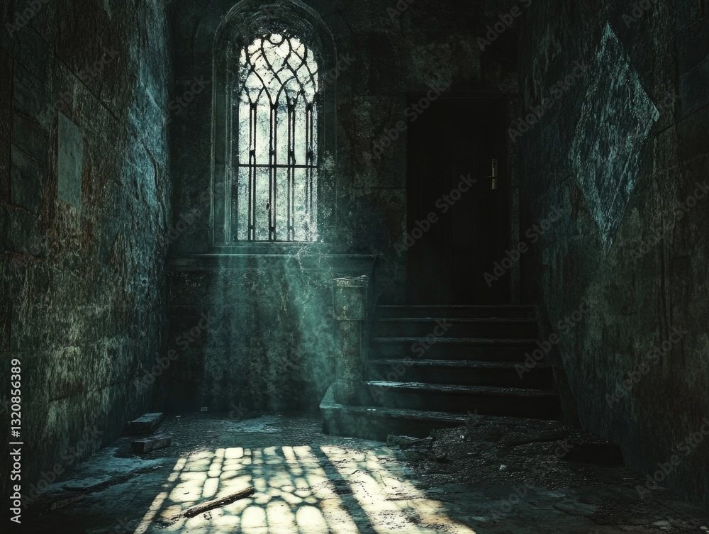 Poster a dark room with a window and stairs