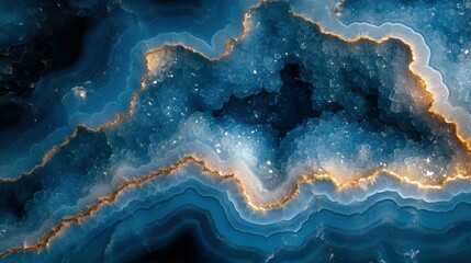 Fototapeta premium Intricate geological patterns of deep blue and golden agate. Detailed crystal veins and layers create a mesmerizing design