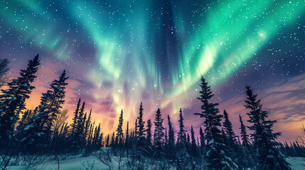 Obraz premium The northern lights paints the sky with vibrant, flowing patterns over a peaceful, snowy forest.