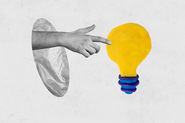 Contemporary art banner collage of human hand point index finger light bulb power idea finding...