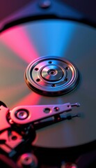 Close-Up of Hard Drive Mechanism with Reflective Surface and Lights