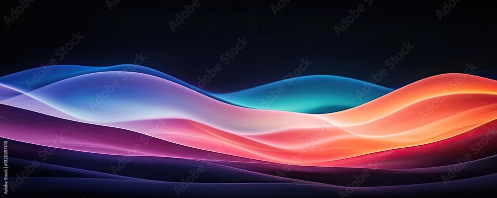 Poster Dramatic nighttime abstract background concept. Abstract wave patterns in vibrant colors flowing against a dark background.