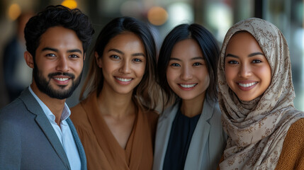 Fototapeta premium Diverse Multiracial Team in Office, Smiling Confident Individuals, Symbolizing Positivity and Unity