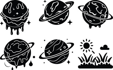 Black and White Planet Vector Illustration Set: Saturn with Rings, Dripping Planets, Celestial Bodies, Stars, Sun, and Grass Clipart