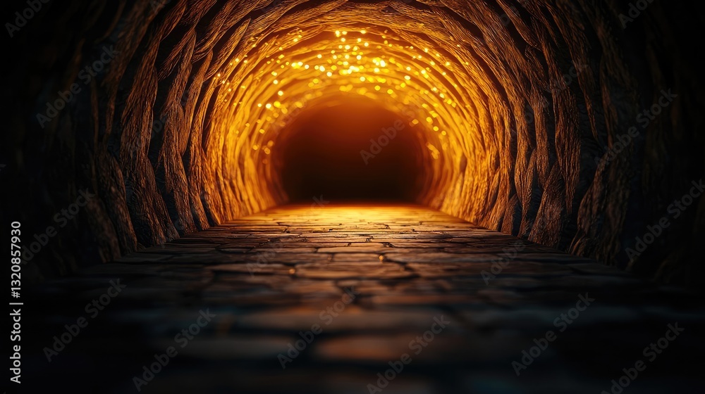 Poster dramatic nighttime abstract background concept. a dimly lit tunnel with glowing lights at the end, i