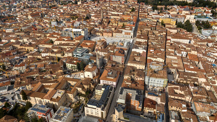 Obraz premium Aerial view of houses, buildings and apartments in the historic center of L'Aquila, Abruzzo, Italy.