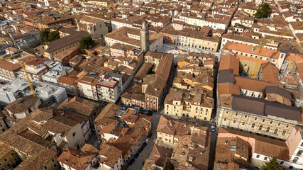 Obraz premium Aerial view of houses, buildings and apartments in the historic center of L'Aquila, Abruzzo, Italy.