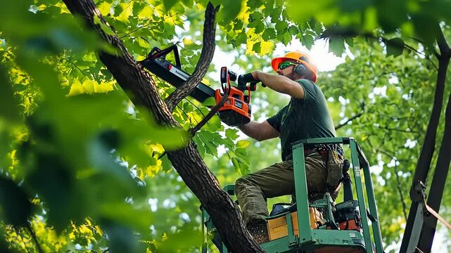 Arborist trimming tree branches in forest canopy