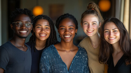 Obraz premium Diverse Multiracial Team in Office, Smiling Confident Individuals, Symbolizing Positivity and Unity