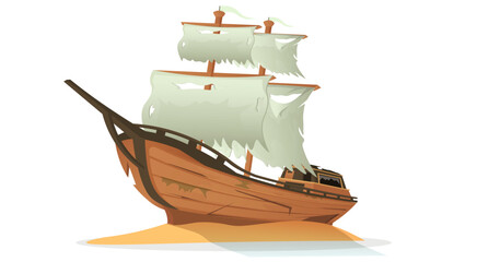 A wooden pirate shipwreck with tattered sails stranded on a sandy shore. The illustration features a vintage maritime theme on a white background. Vector illustration